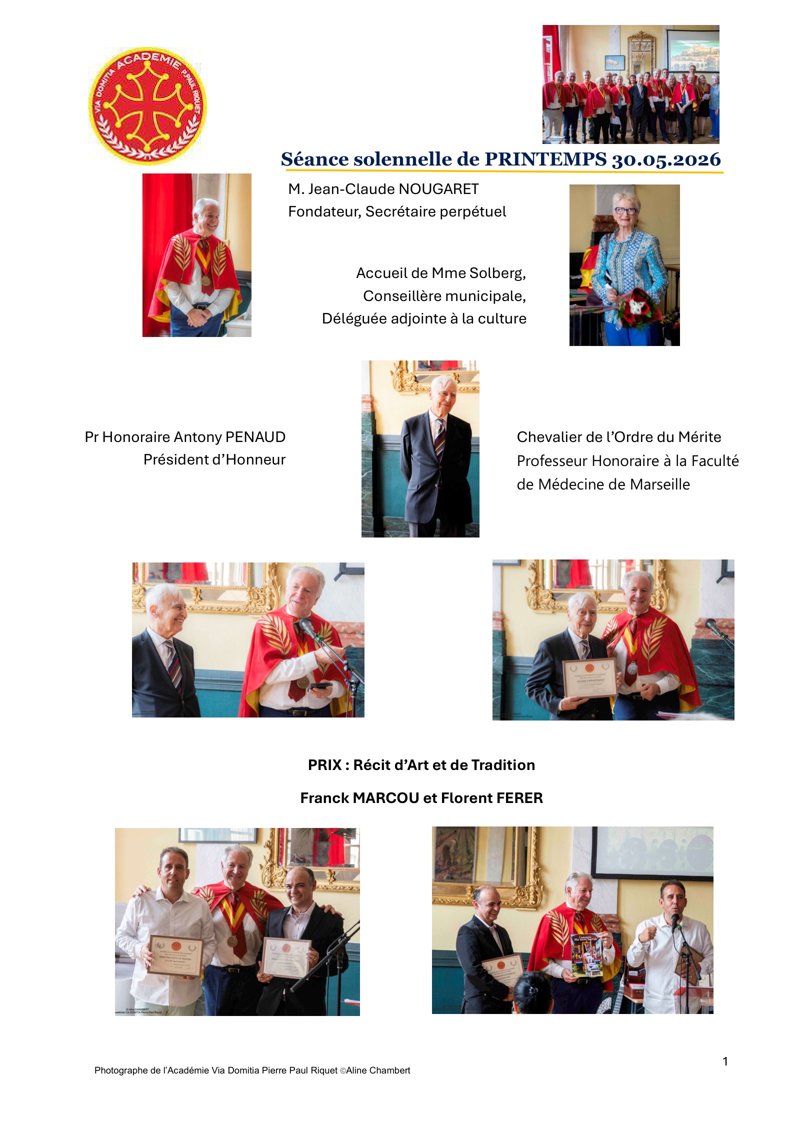 Page 1 du document Séance solennelle de Printemps 30.05.2026 - Accueil de Mme Solberg, / Conseillère municipale, / Déléguée adjointe à la culture